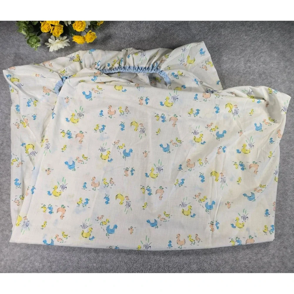 Vintage 70s Duckling Duck Fitted Crib Nursery Sheet Pastel 23x38 Cottagecore